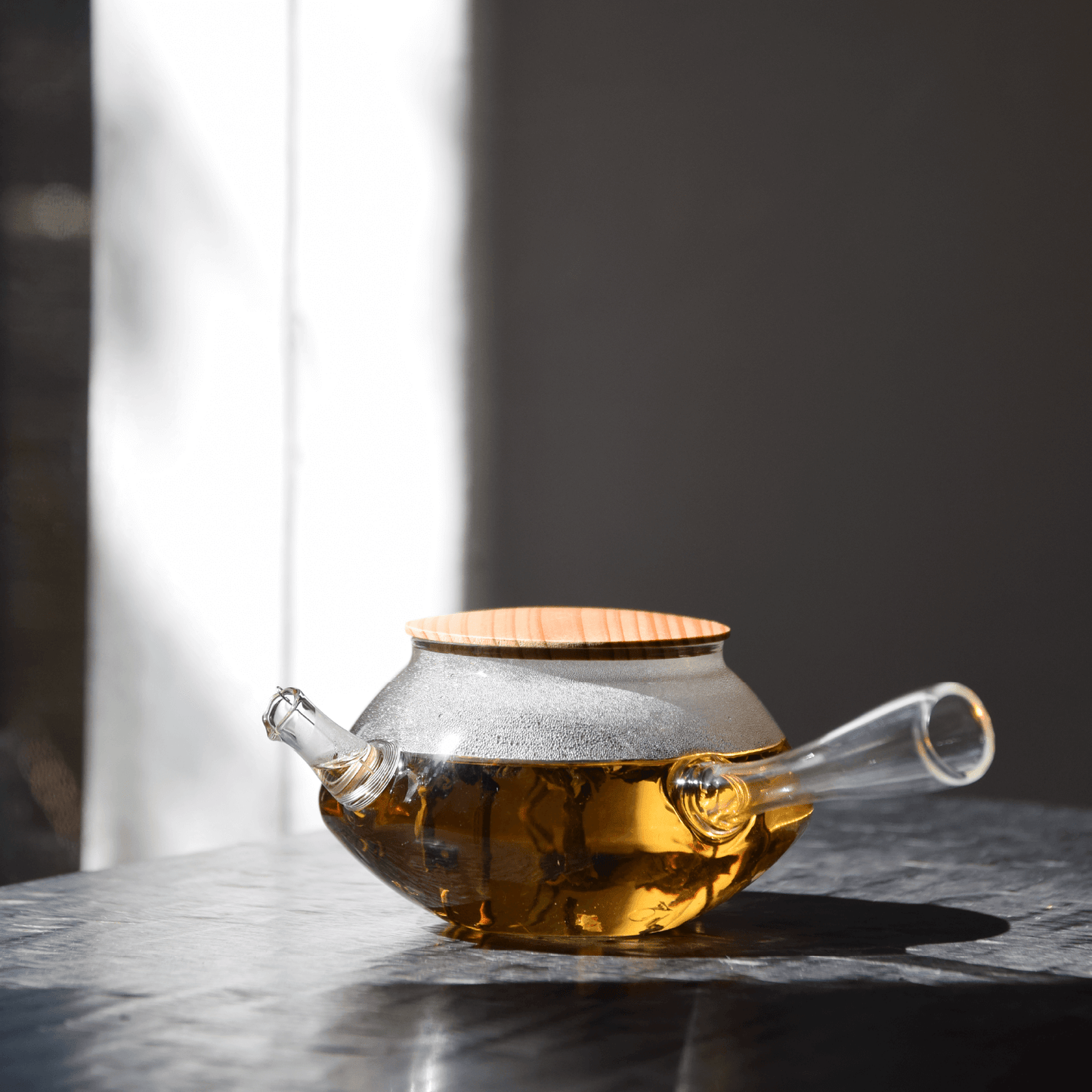 O., Glass Teapot Wooden lid